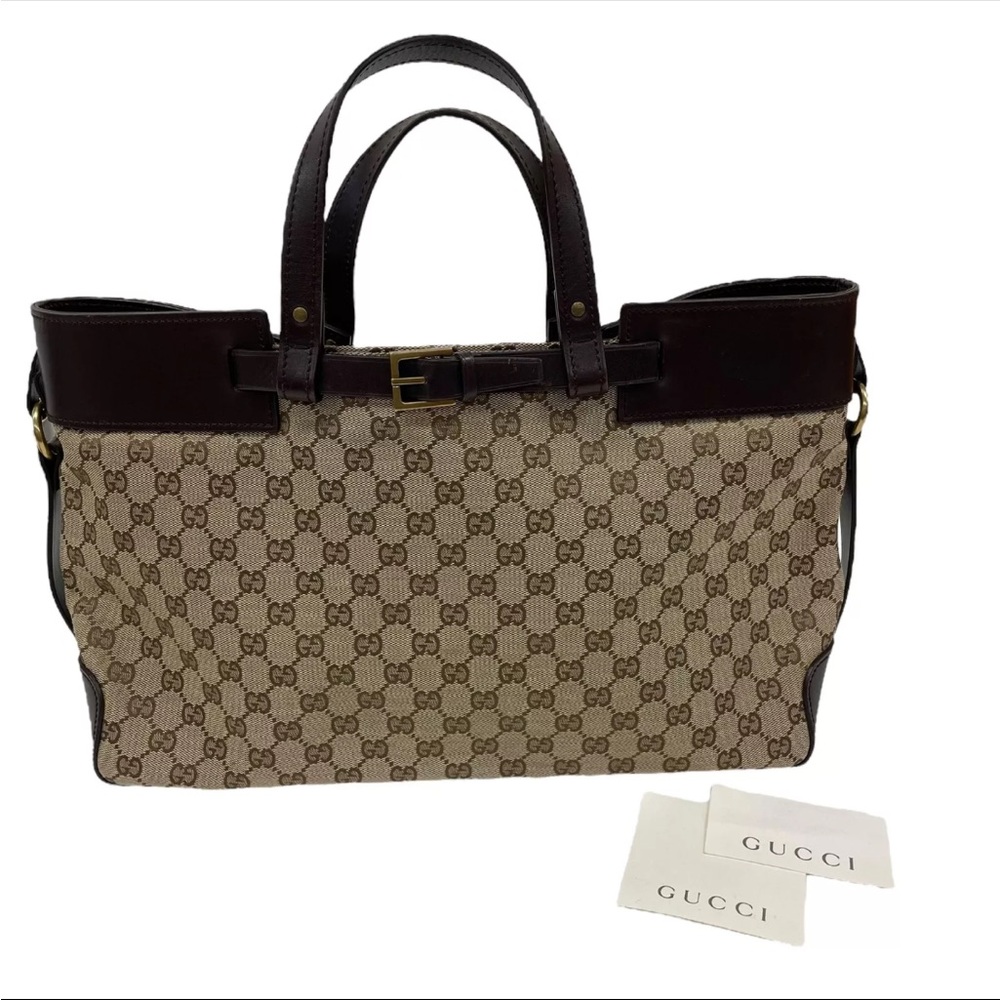 Gucci GG Canvas Tote Bag Canvas Leather Brown Authentic